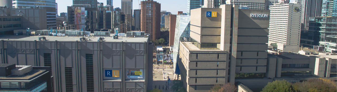 An aerial view of Ryerson campus, looking west along Gould Street.