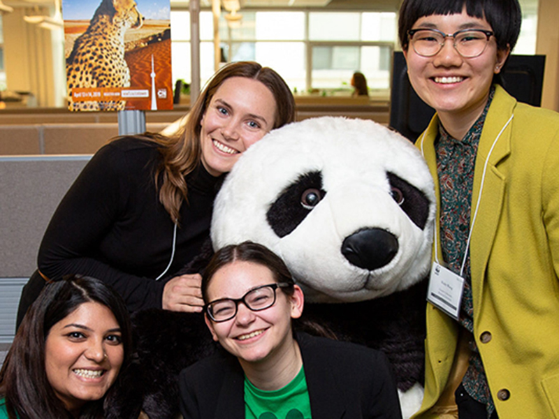 Four TMU students hugging the WWF panda mascot.