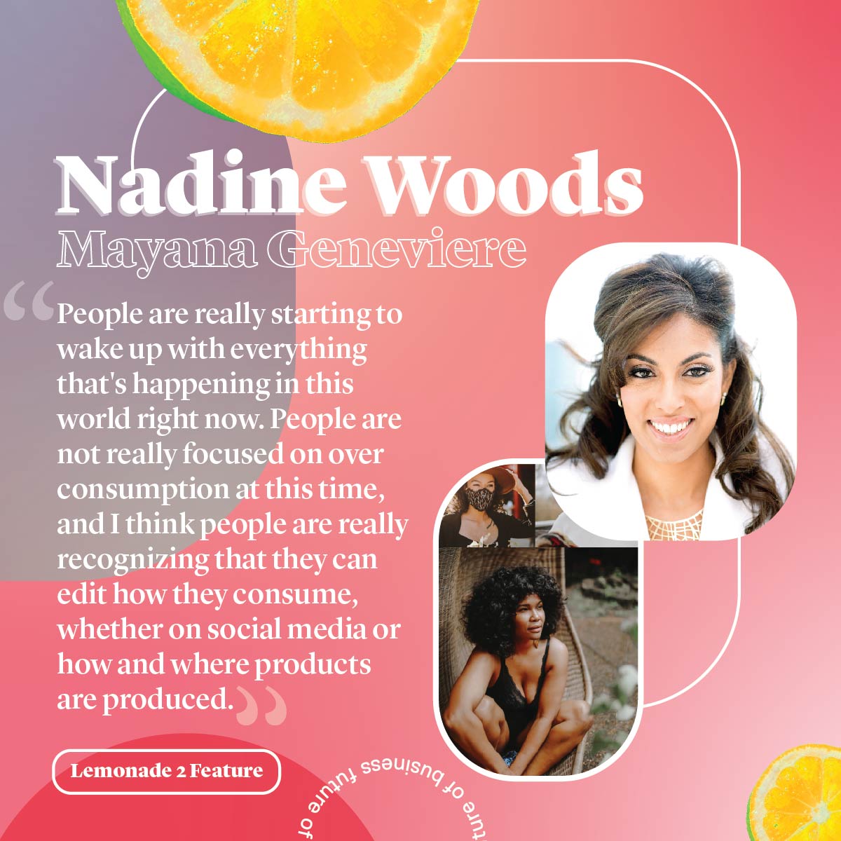 Nadine Woods, founder of Mayana Geneviére, headshot and quote