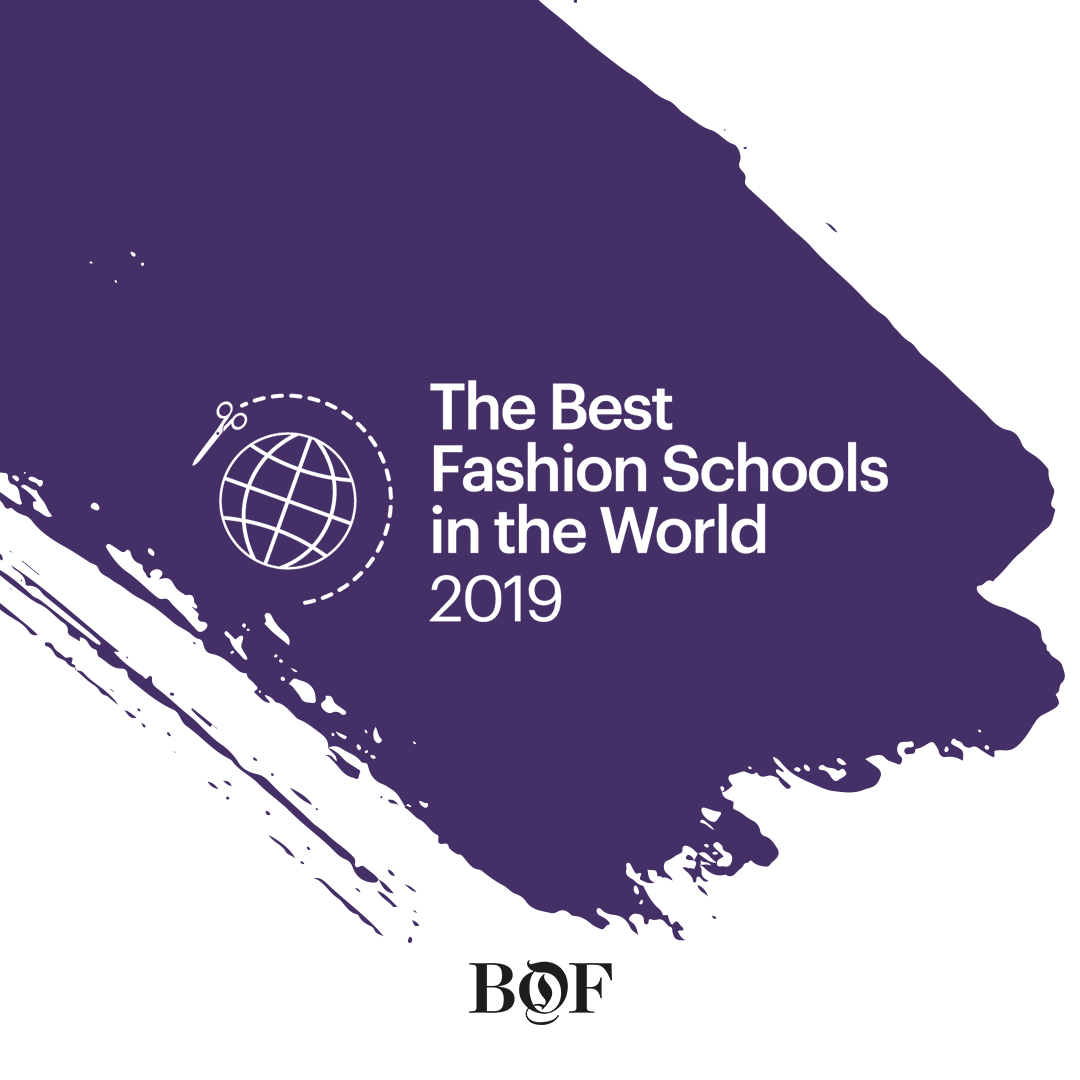 A purple and white social media icon created by the Business of Fashion stating, "The Best Fashion Schools in the World 2019"