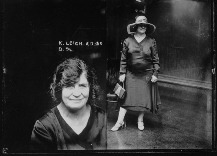 Black and white mugshot of Kate Leigh smiling at the camera beside a full body photograph of her in a dark coloured dress and big hat.