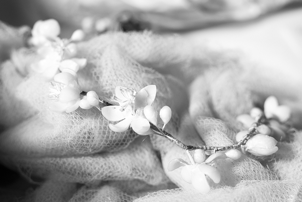 Close up of the orange blossoms on the veil of the 1927 wedding dress