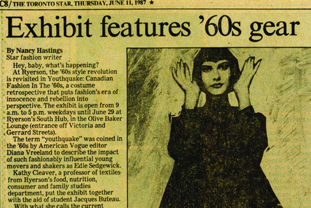 Old newspaper clipping with title "Exhibit features '60s gear" with a photograph of a woman wearing a black dress. Dated June 11, 1987.