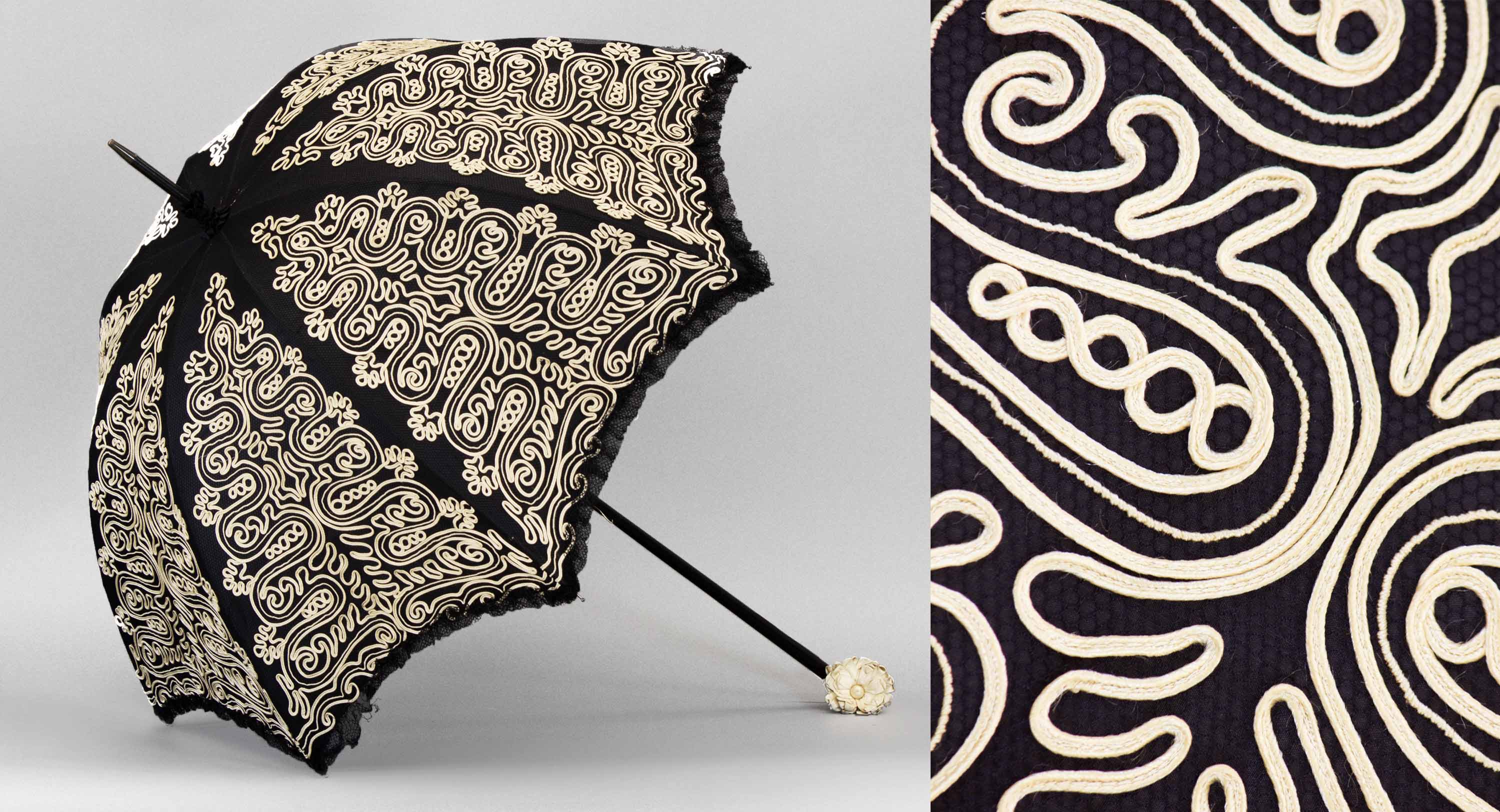 A black silk parasol with cream embroidery on the left and a close up of the pattern on the right