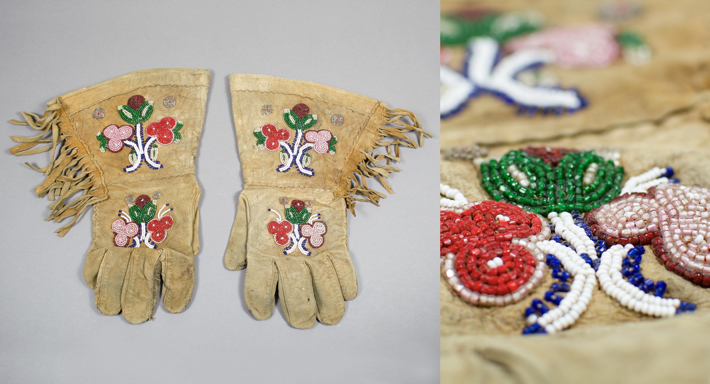 A pair of men's beaded gauntlet gloves with fringe on the left and a close up of the beading on the right