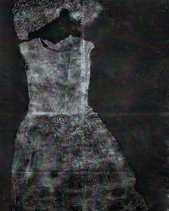 Black and white photograph of the Wilkie Wedding dress drawn by Sarah Casey in wax