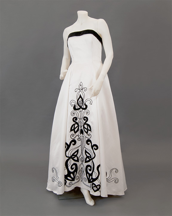 White and black Pat McDonagh evening gown
