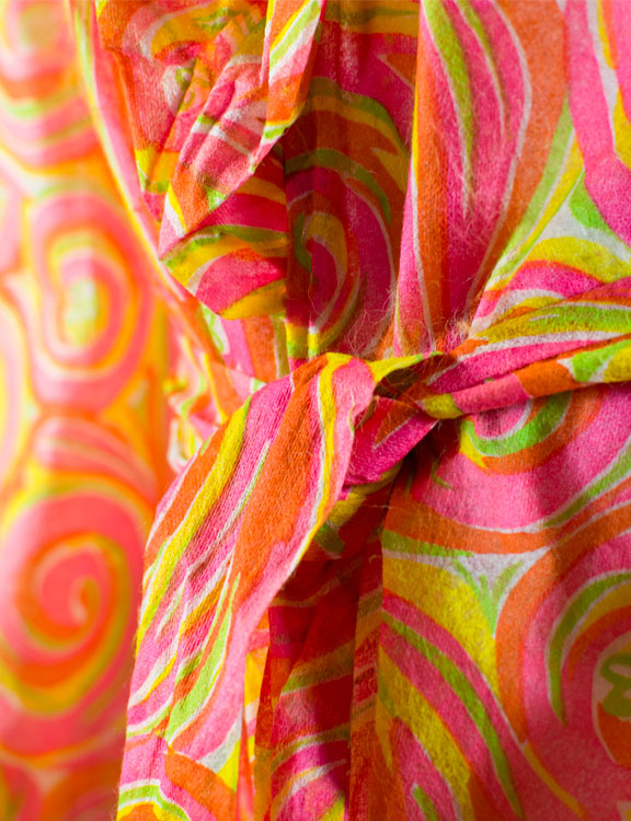 Belt of a paper jumpsuit with a pink, green, orange and yellow print
