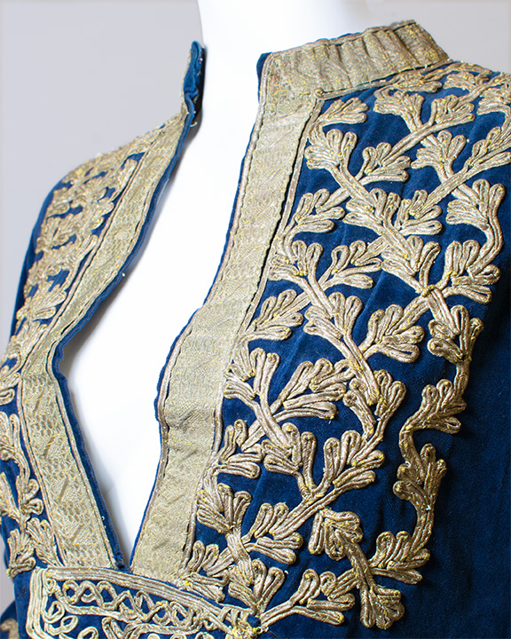 Bodice front of blue velvet Afghan with gold embroidery