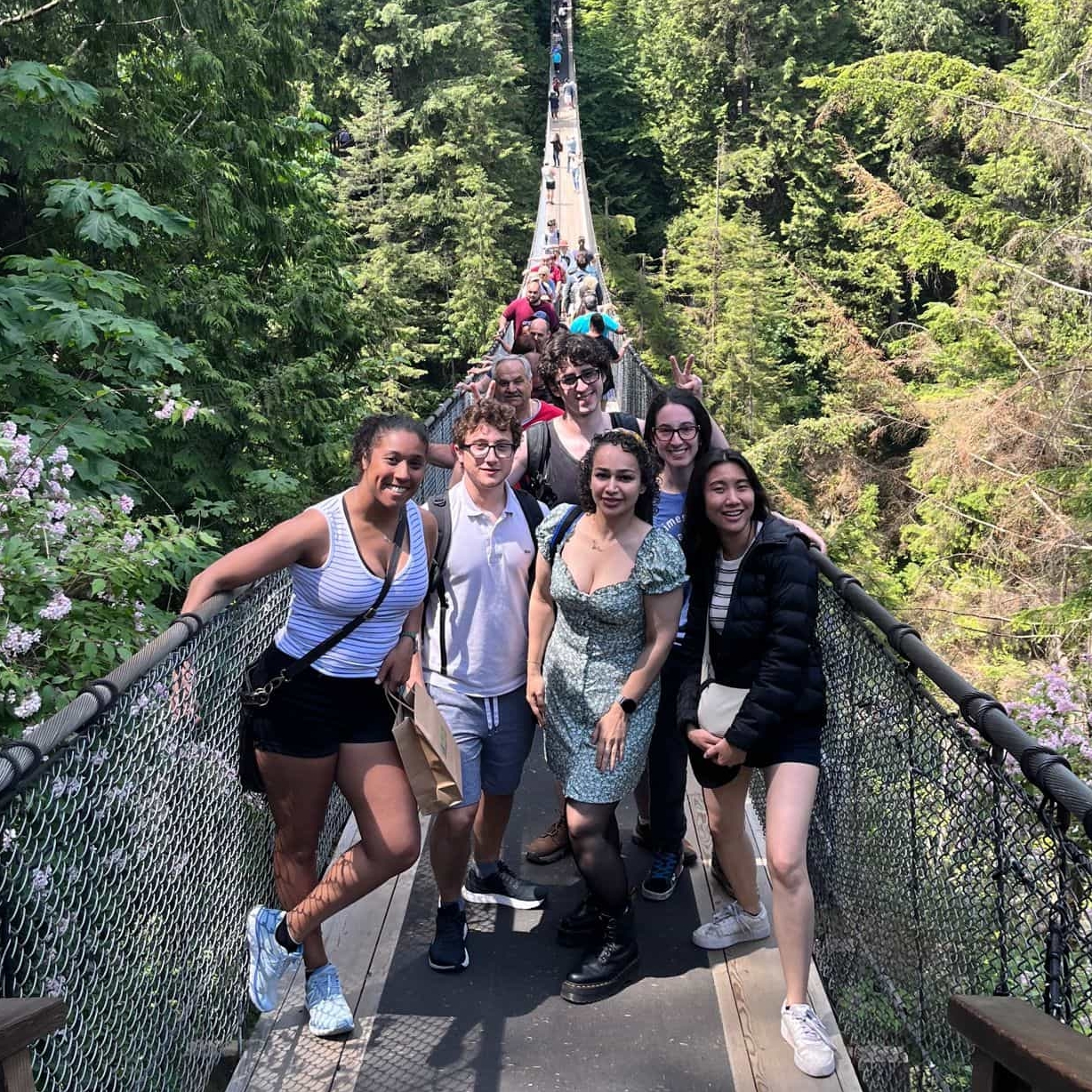 Jenna, Pierre, Liam, Armaghan, Rachele, and Kathy at the Capilano Suspension Bridge Park