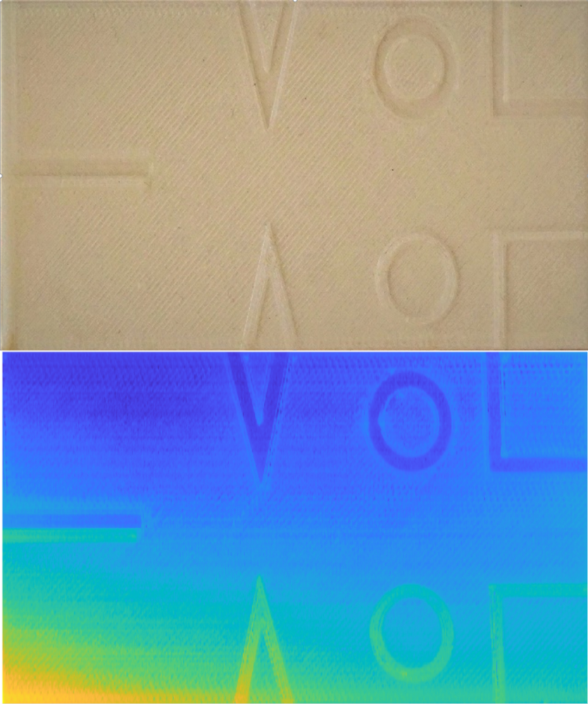 3D printed test specimen with visible designed defects next to the scanned result