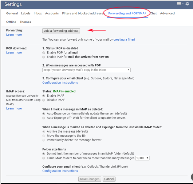 Gmail Settings option, select Forwarding and Pop/Imap tab