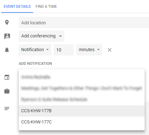 Picking a resource in event details in Google Calendar