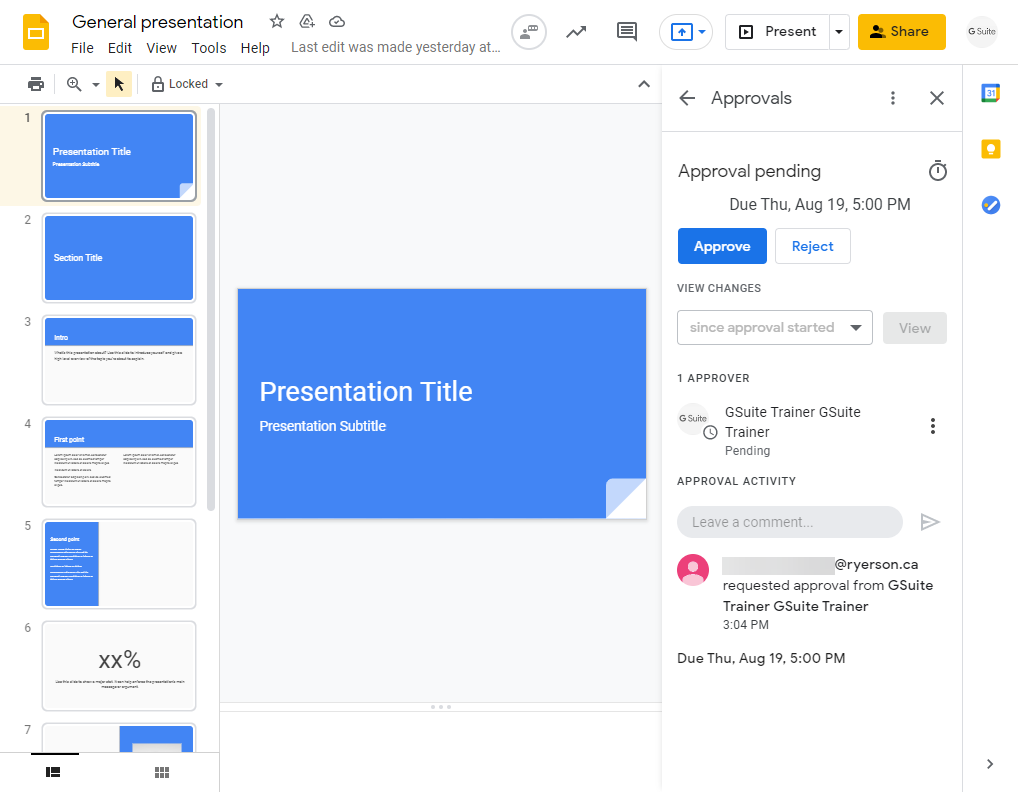 Reviewer's view of approval sidebar in Google Slides