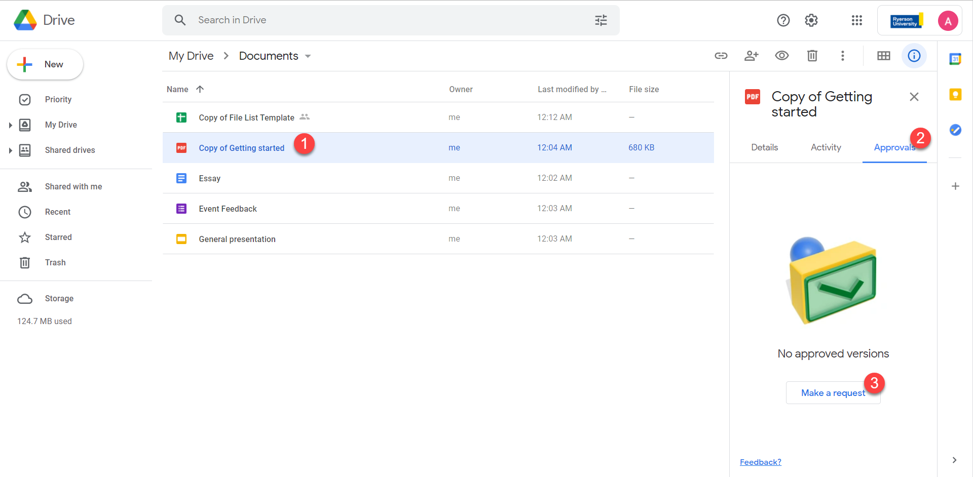 Screen demonstrates steps to view the approvals sidebar from Google Drive list.