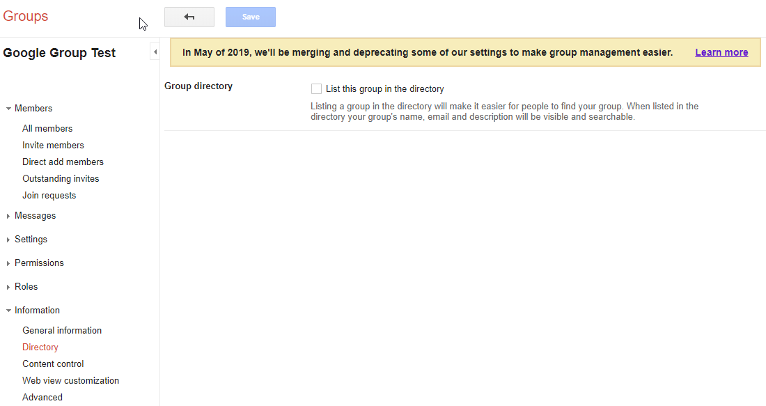 Google Group Directory old settings