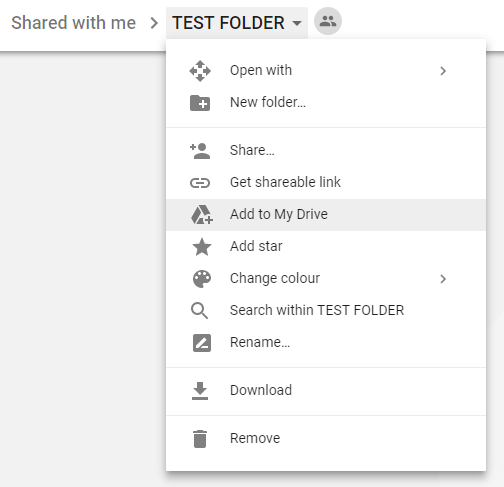 Adding folder to My Drive from Shared with Me tab