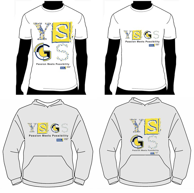 An illustration of two white t-shirts and two gray sweatshirts modelling a YSGPS logo