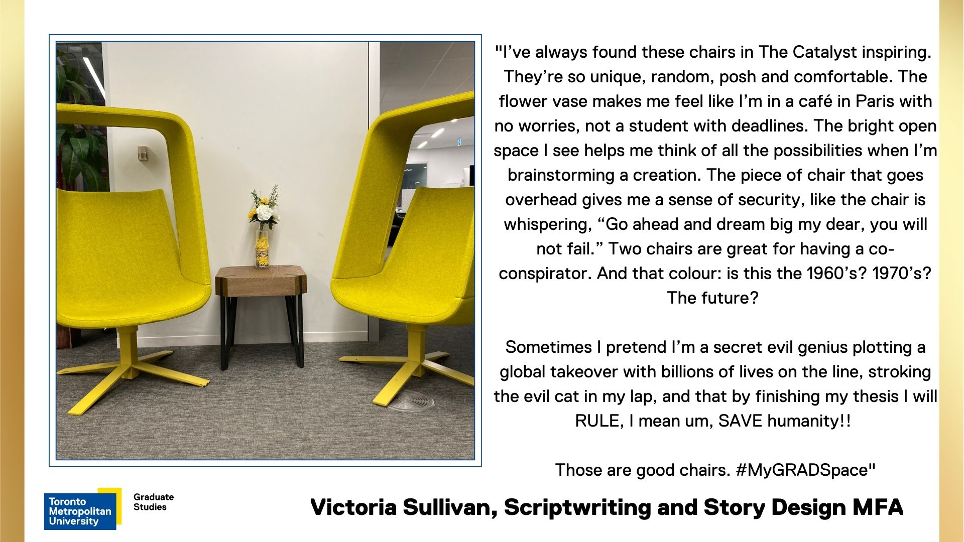 Victoria-Sullivan. Two yellow chairs in The Creative School Catalyst space.