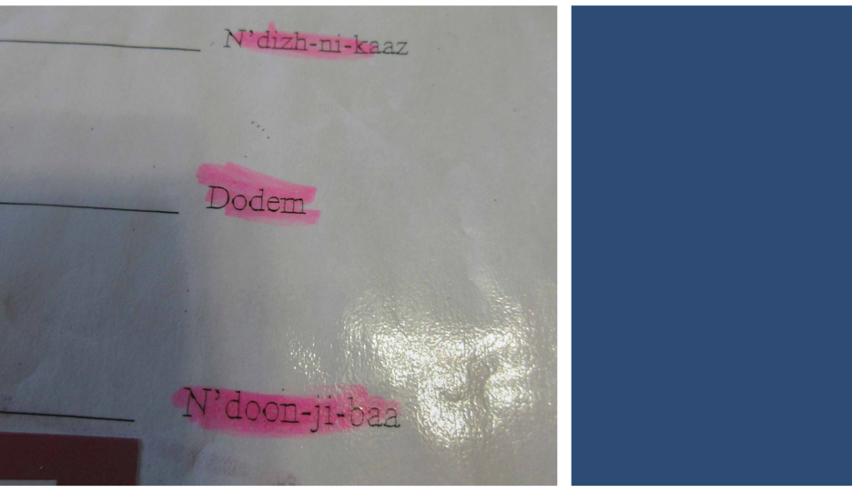 Ojibwe words on a language worksheet, highlighted in pink. 