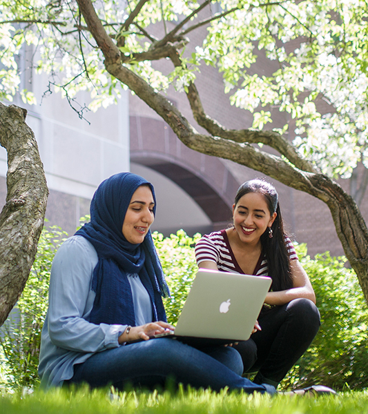 Two students sit under some trees with flowers and study together outdoors on a laptop. One of the students is wearing a hijab.