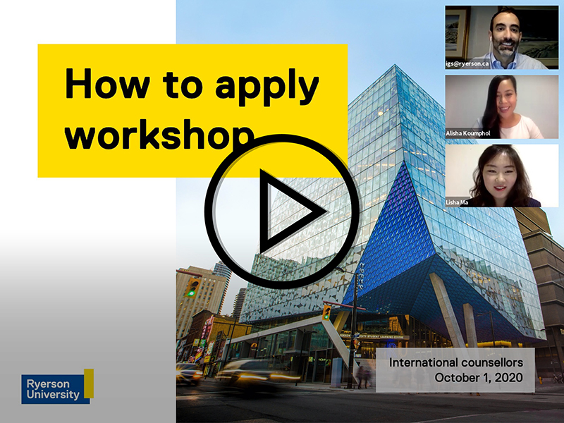 A screenshot of the How to Apply Workshop presentation. The title screen can be seen, with a photo of the Student Learning Centre as the main image. The thumbnails of the three presenters, Isaac Garcia-Sitton, Alisha Koumphol, and Lisha Ma, can be seen in the top right-hand corner.