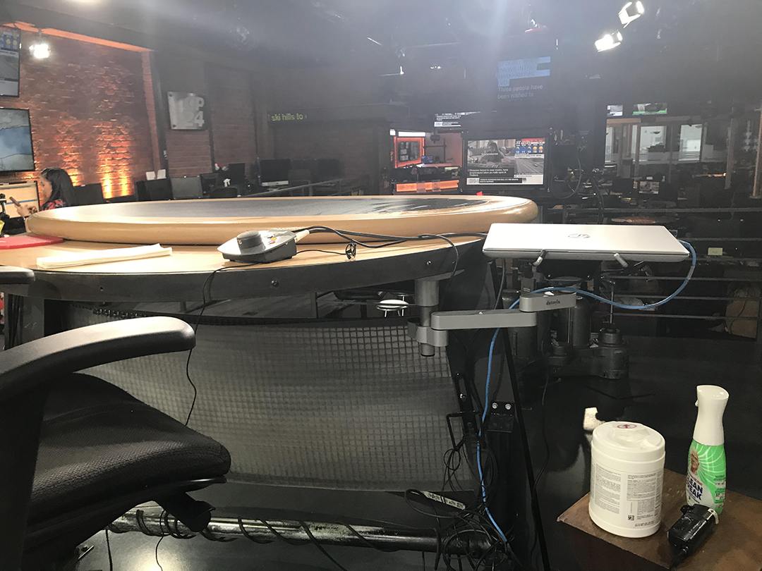 The view from behind the CP24 anchor desk with sanitizing supplies (Kelly Linehan).