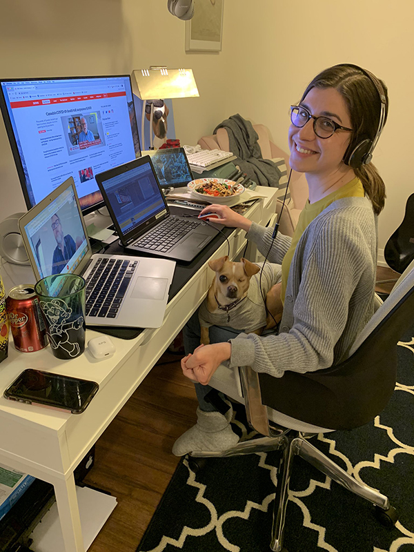 Arielle Piat-Sauvé working while with her dog Belle (Erica Lenti/Twitter).