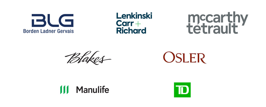 Logos for: Borden Ladner Gervais; Lenkinski, Carr and Richard; McCarthy Tetrault; Blakes; Osler; Manulife; and TD