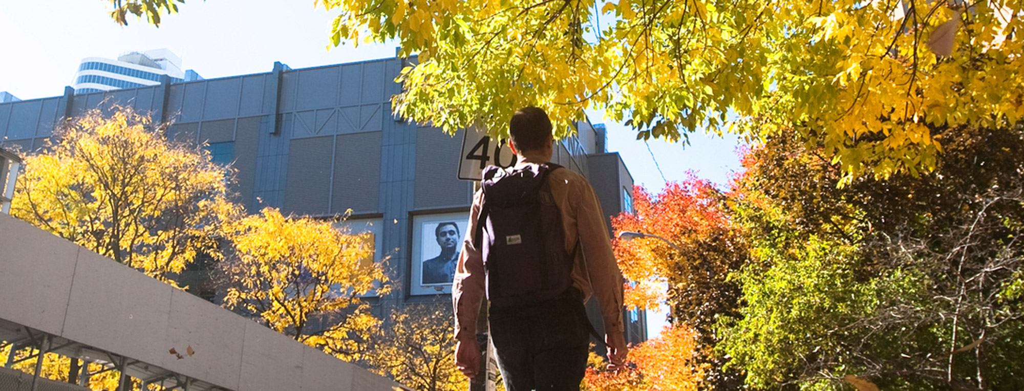 student gazing up while walking through campus