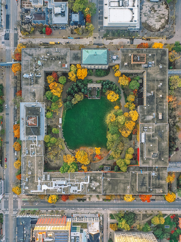 Aerial shot of the Quad on an autumn day.
