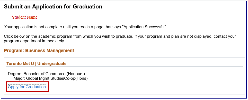 Submit an Application for Graduation page include program name, degree, major and an Apply for Graduation link.