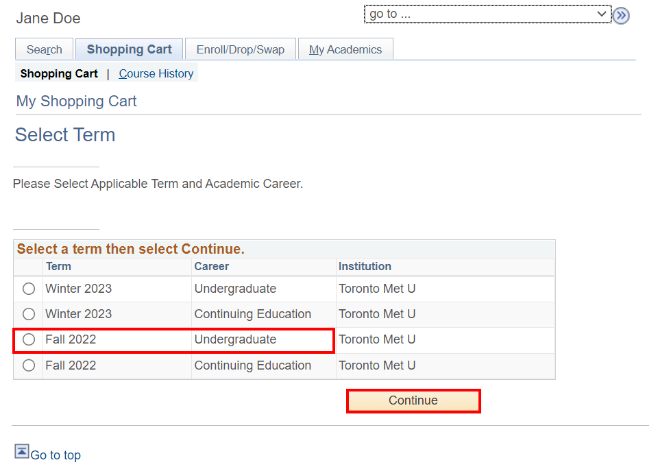 List of radio buttons within Shopping Cart to select Term and Career, and 'Continue' button highlighted
