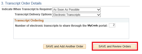 Transcript Order Details: Save and Review Orders button highlighted in bottom right of section.