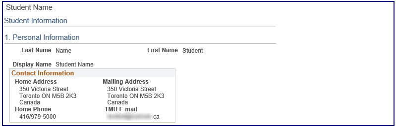 Student Information page showing Home Address, Mailing Address, Home Phone and TMU Email.
