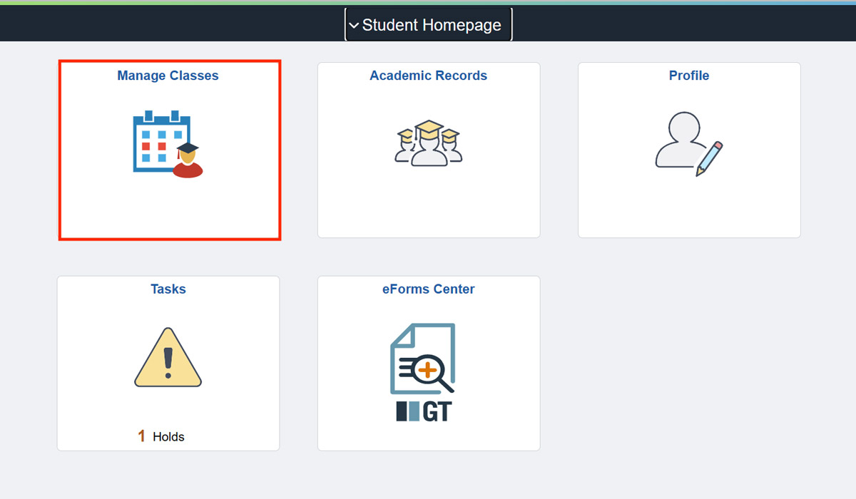 Manage Classes tile selected on the MyServiceHub Student Homepage.