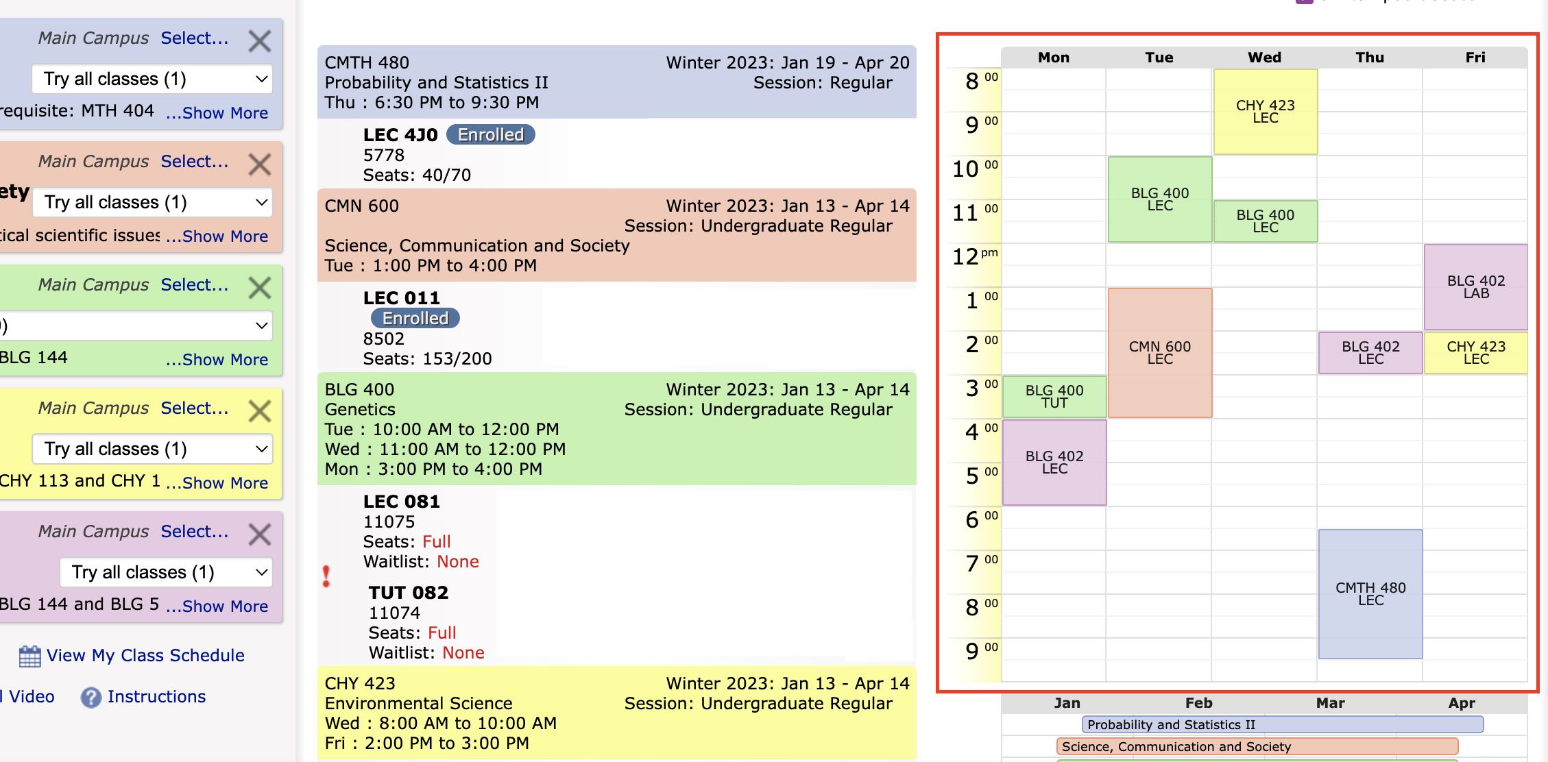 The Visual Schedule Builder with the schedule portion on the right side of the screen highlighted, with the the one course imported from your Course Queue populating it.