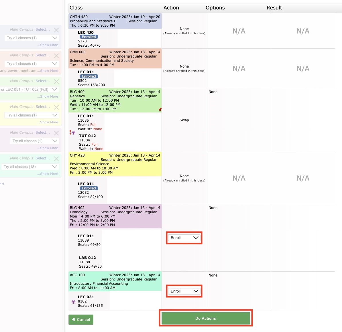 The Visual Schedule Builder with all selected courses listed. Beside each course is a drop-down menu, all set to the 'Enroll' option. The 'Do Actions' button underneath all list items is highlighted.