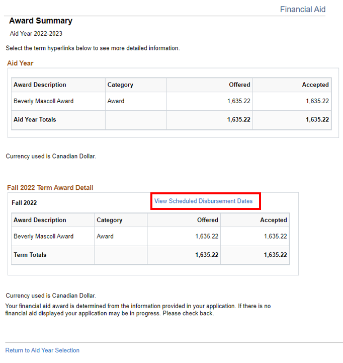 Award Summary page showing details for Aid Year (Award Description, Category, Offered amount, Accepted amount). The View Scheduled Disbursement Dates link is highlighted.