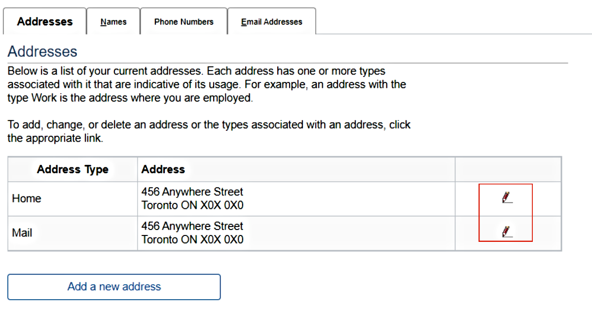 Edit buttons highlighted beside addresses in Addresses tab.
