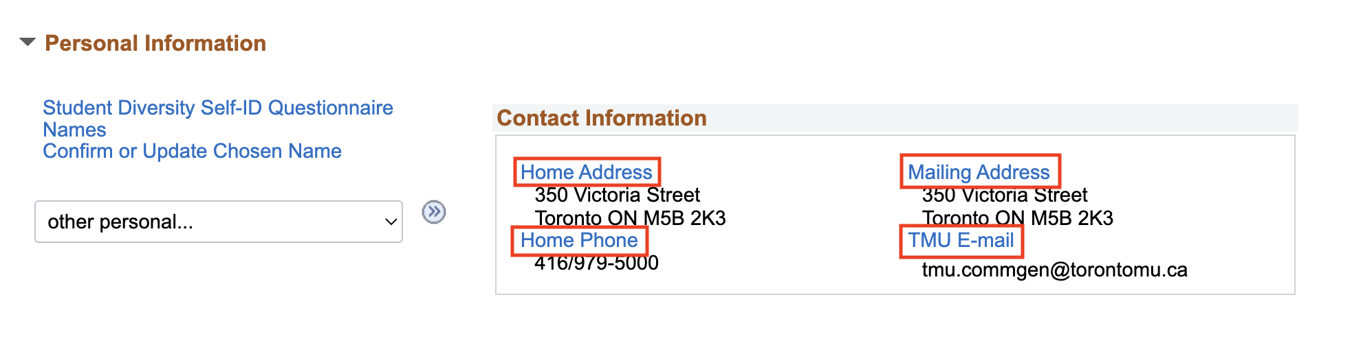 Home Address, Mailing Address, Cellular Phone and Home Email quick links under MyServiceHub Contact Information.
