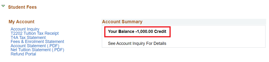 Your Balance, including a negative financial amount, within the Account Summary section of MyServiceHub.