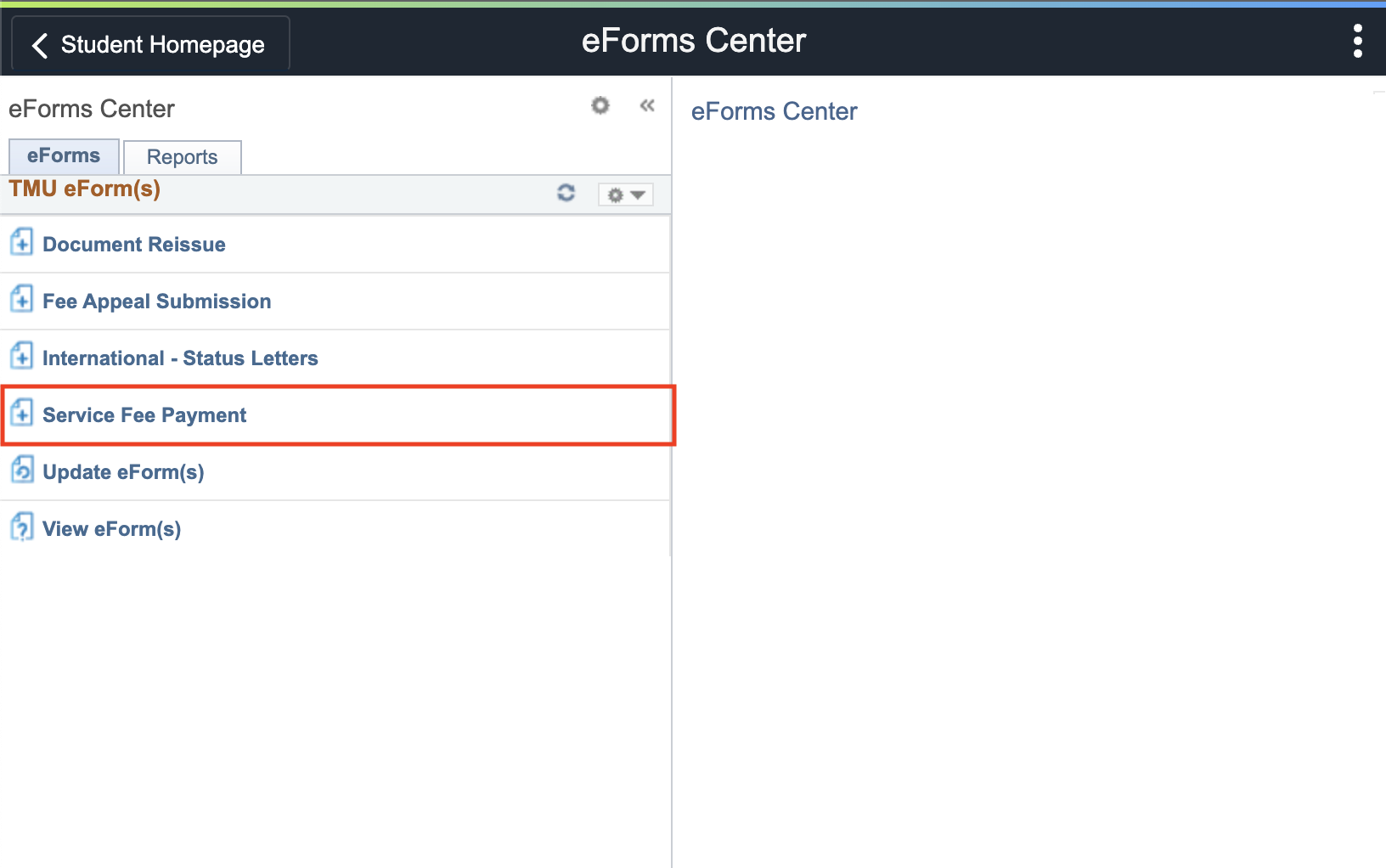 TMU eForms Center section in MyServicehub with Service Fee Form option highlighted.