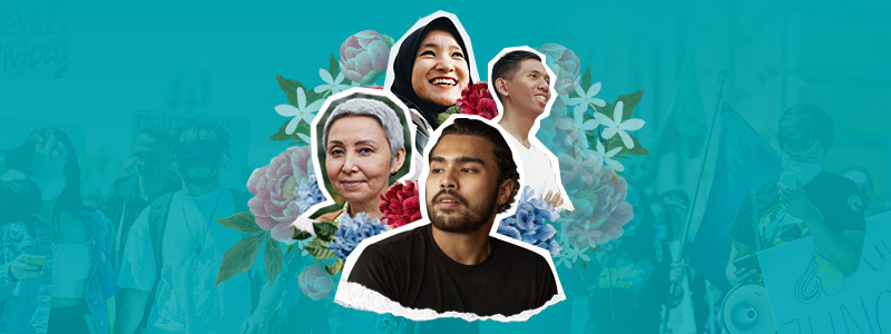4 Asian people cut out decoupage style on a teal background with flowers.