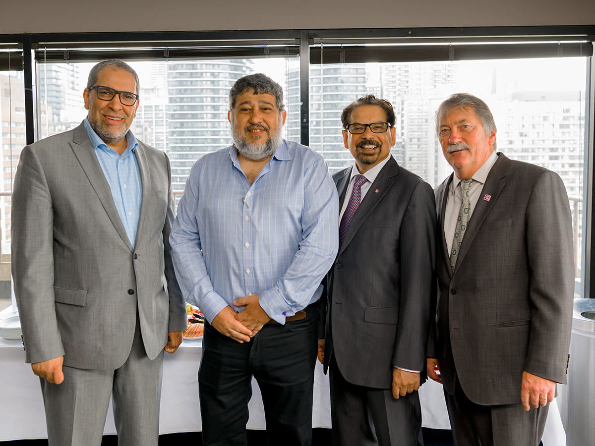 Mohamed Lachemi, president of Ryerson University, Eduardo Soriano, director of the Ministry of Science, Technology, Innovation and Communication in Brazil, Dr. Mario Pinto, president of NSERC, and Dr. Ted Hewitt, president of SSHRC. 