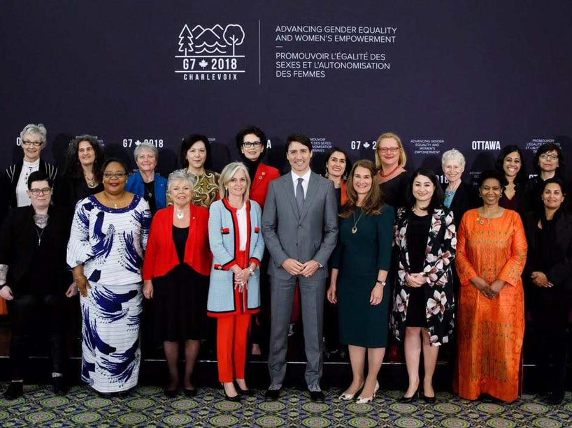 Farrah Khan (back row, sixth from the right) with Prime Minister Justin Trudeau and members of the G7 gender equality advisory council