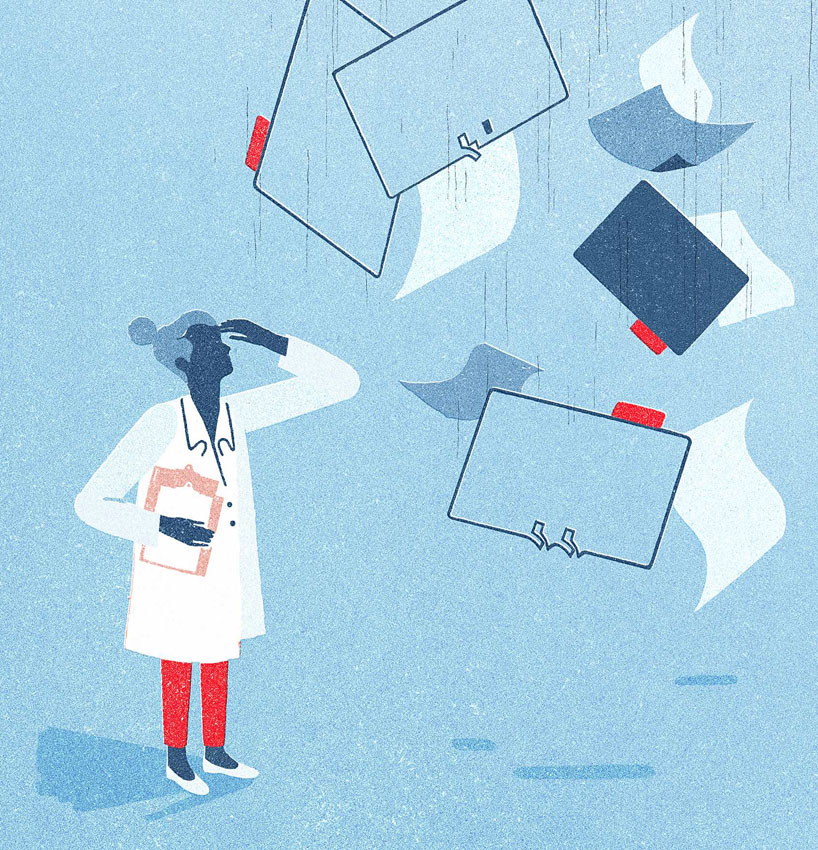 Illustration of a doctor looking up at sheets scattered in the air
