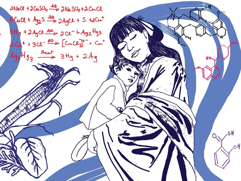 Illustration of an Indigenous person holding a baby with chemical compounds of modern medication in background