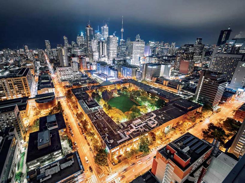 Overhead view of the Ryerson campus at night