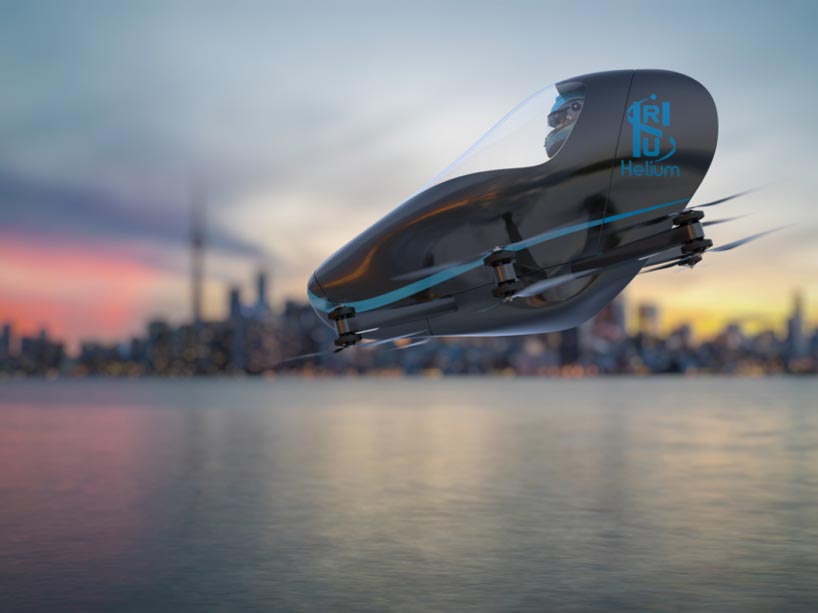 Rendering of a flying vehicle over Toronto’s waterfront with skyline in the background